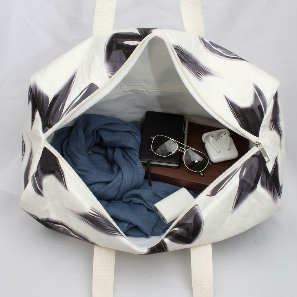 Travel Bag Cream Quilted Pretty Black Bow Duffel
