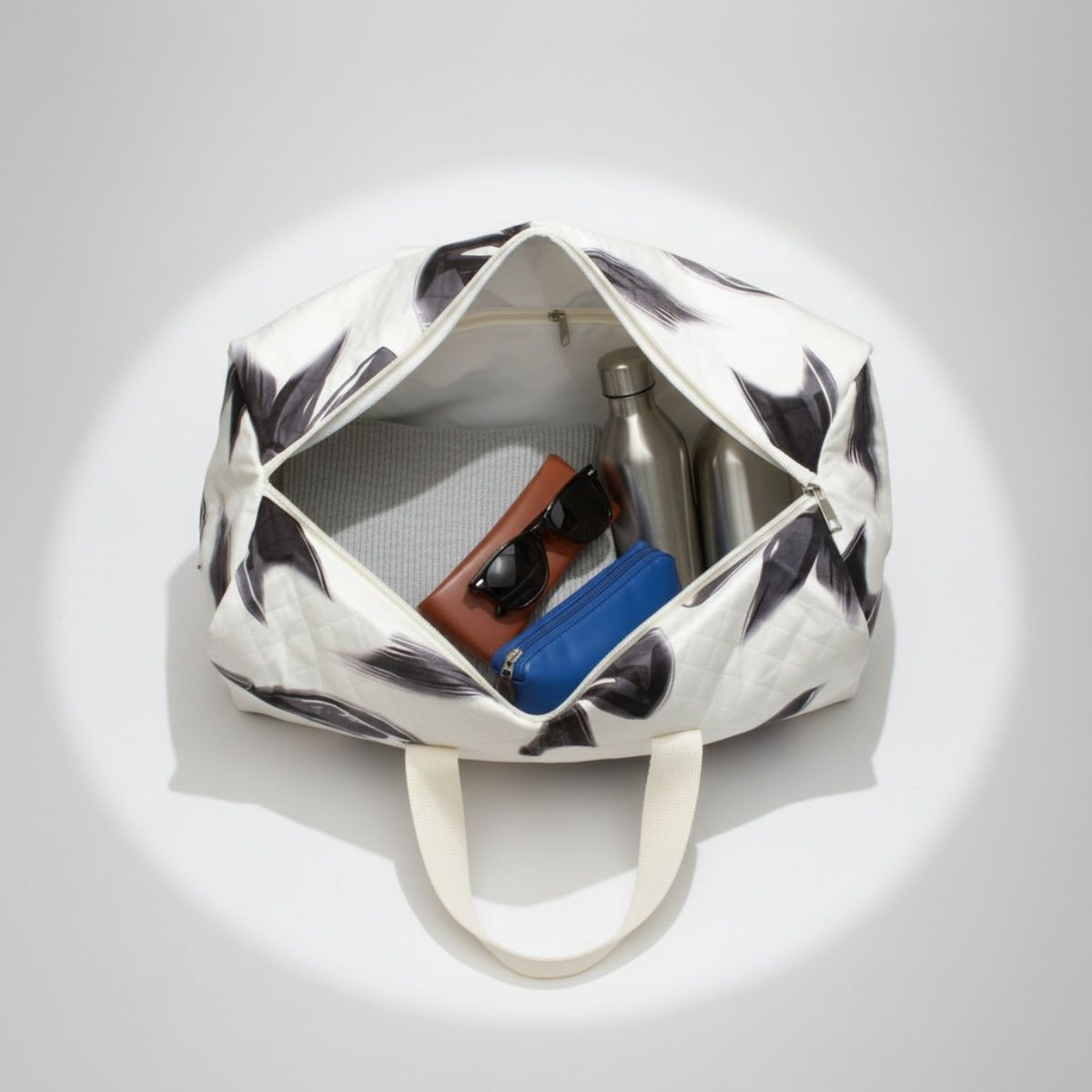 Travel Bag Cream Quilted Pretty Black Bow Duffel