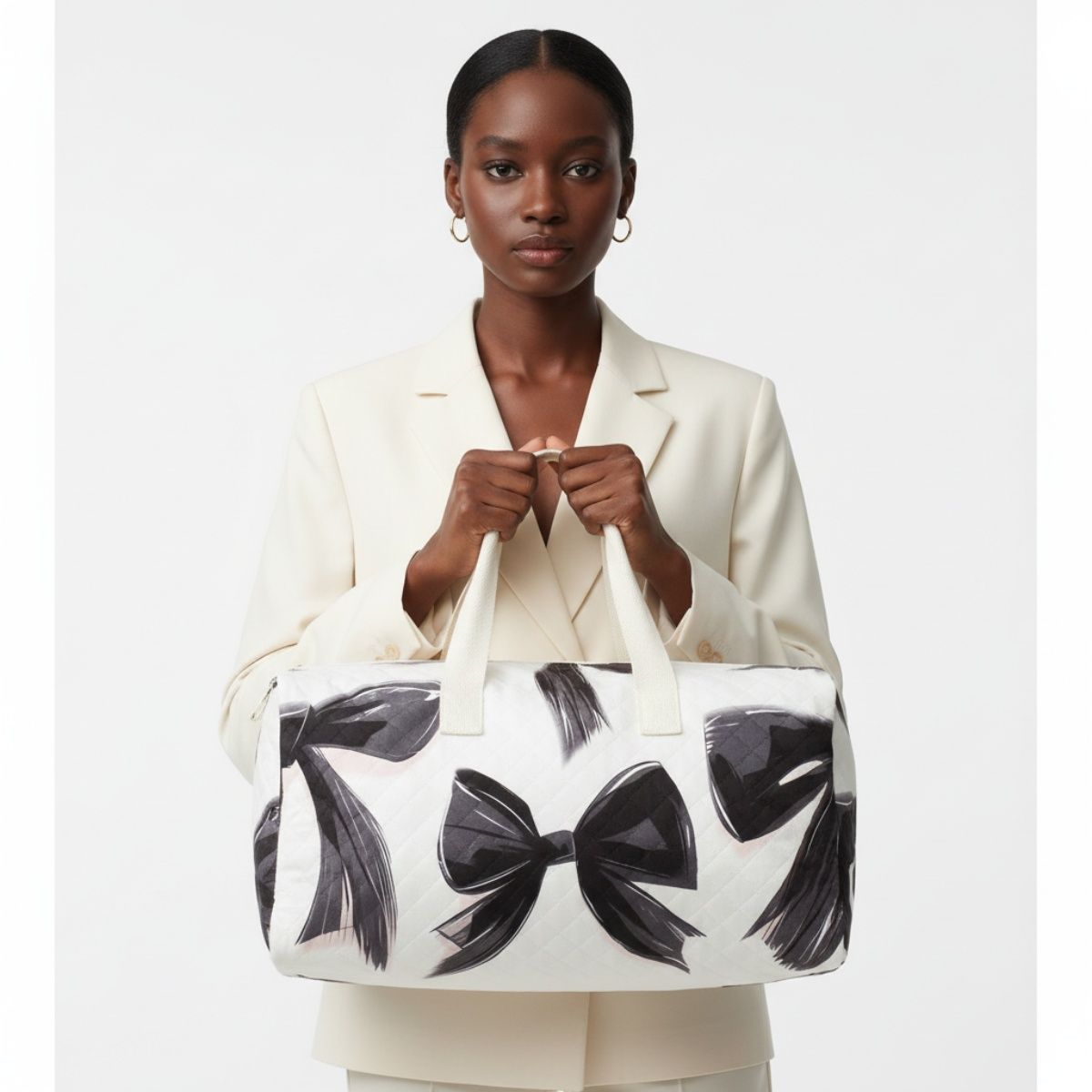 Travel Bag Cream Quilted Pretty Black Bow Duffel