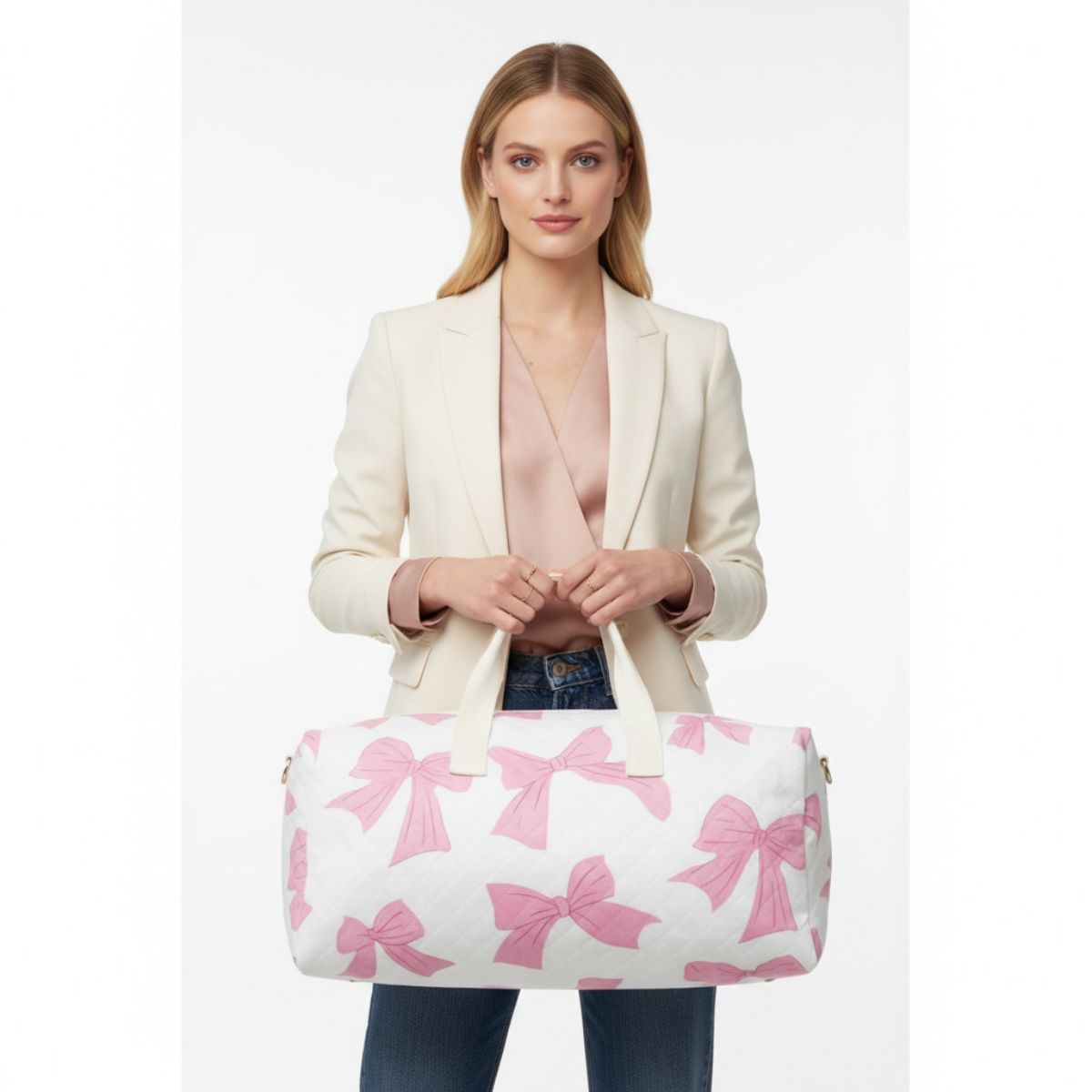 Travel Bag White Quilted Pretty Pink Bow Duffel