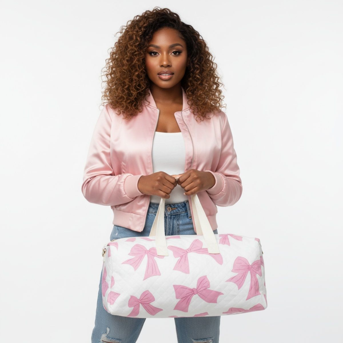 Travel Bag White Quilted Pretty Pink Bow Duffel