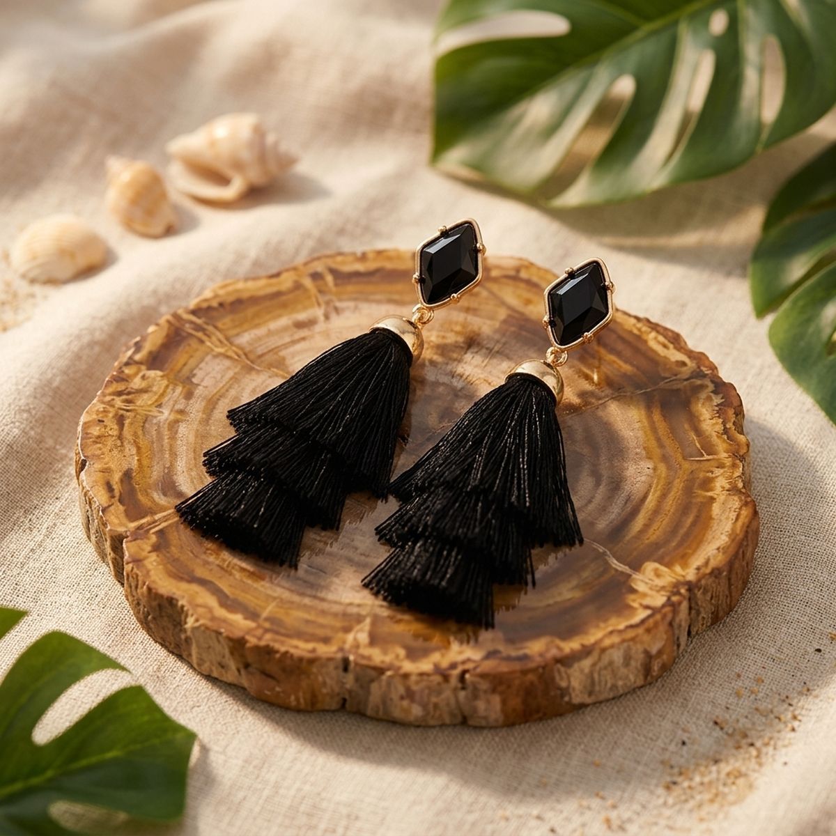 Black Raffia Stacked Tassel Earrings