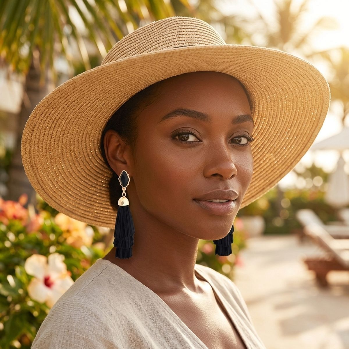 Black Raffia Stacked Tassel Earrings