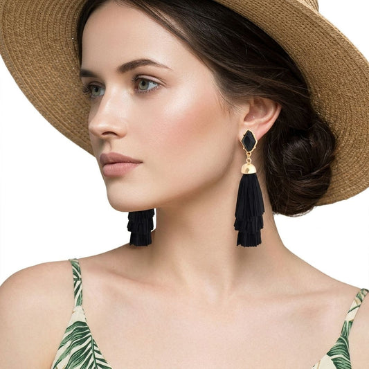 Black Raffia Stacked Tassel Earrings