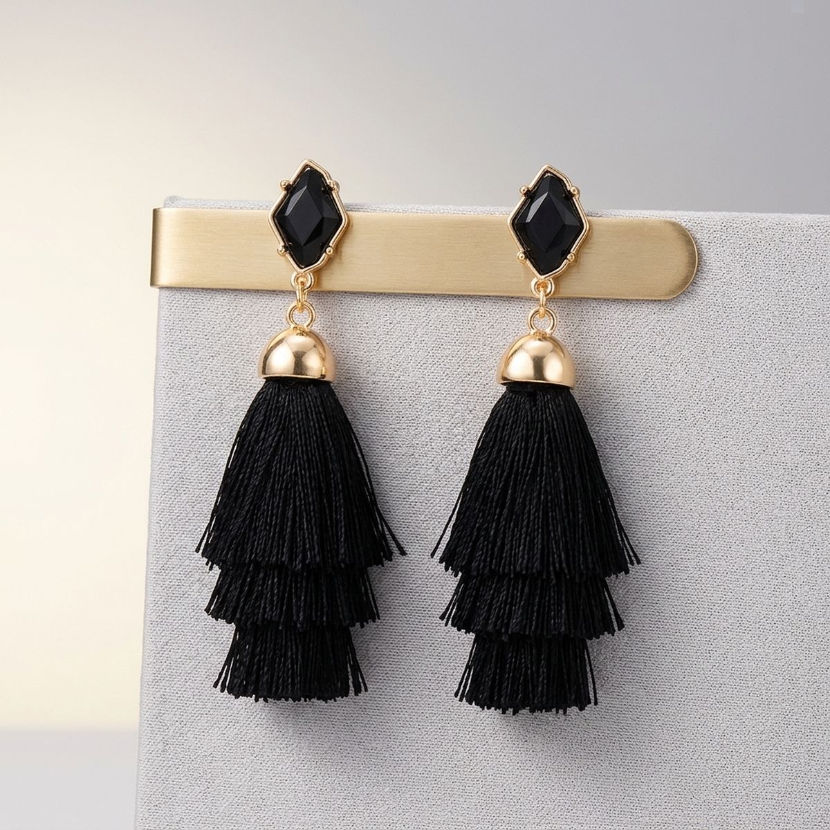 Black Raffia Stacked Tassel Earrings