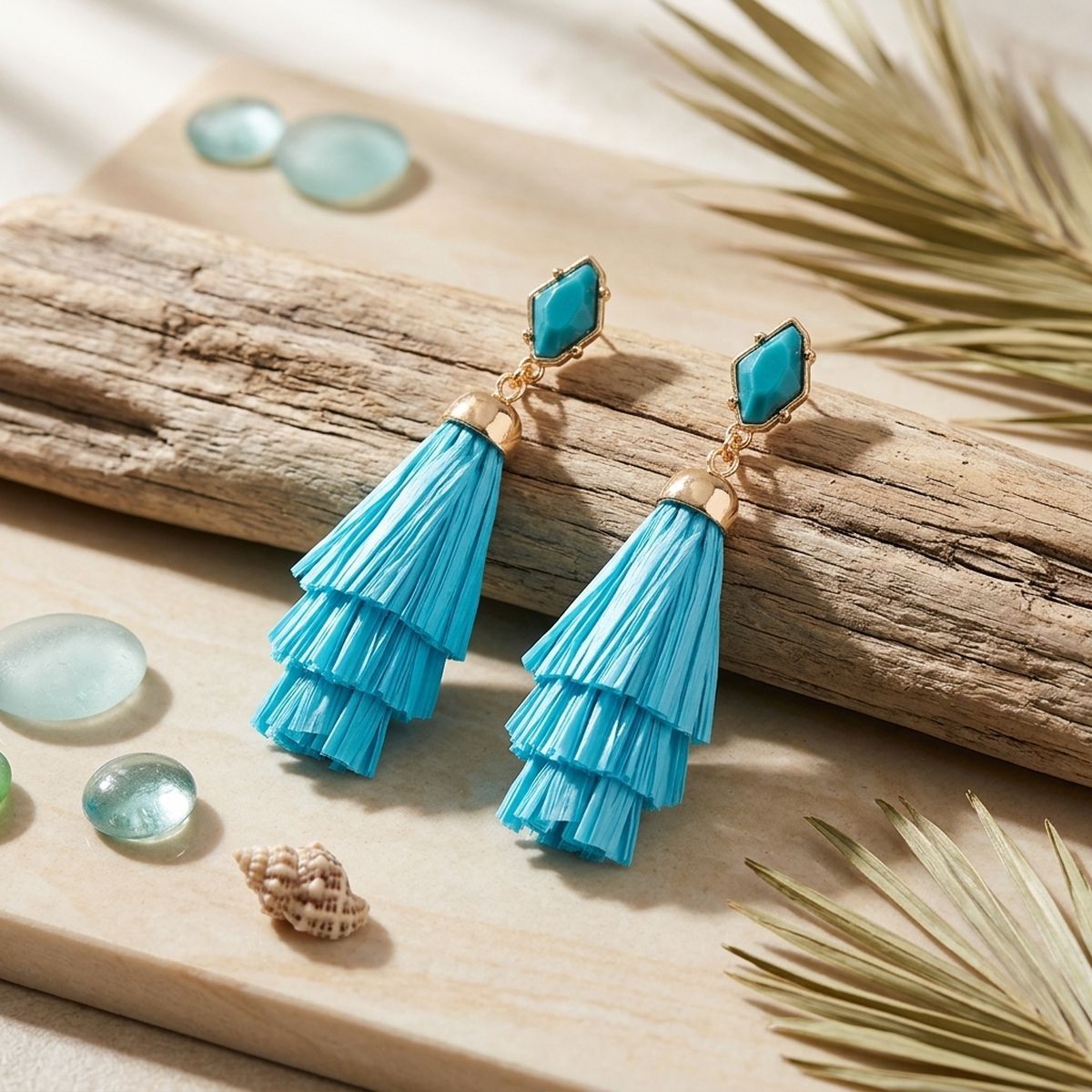 Teal Raffia Stacked Tassel Earrings