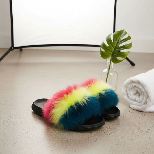 Coral to Green Fox Fur Small Slippers