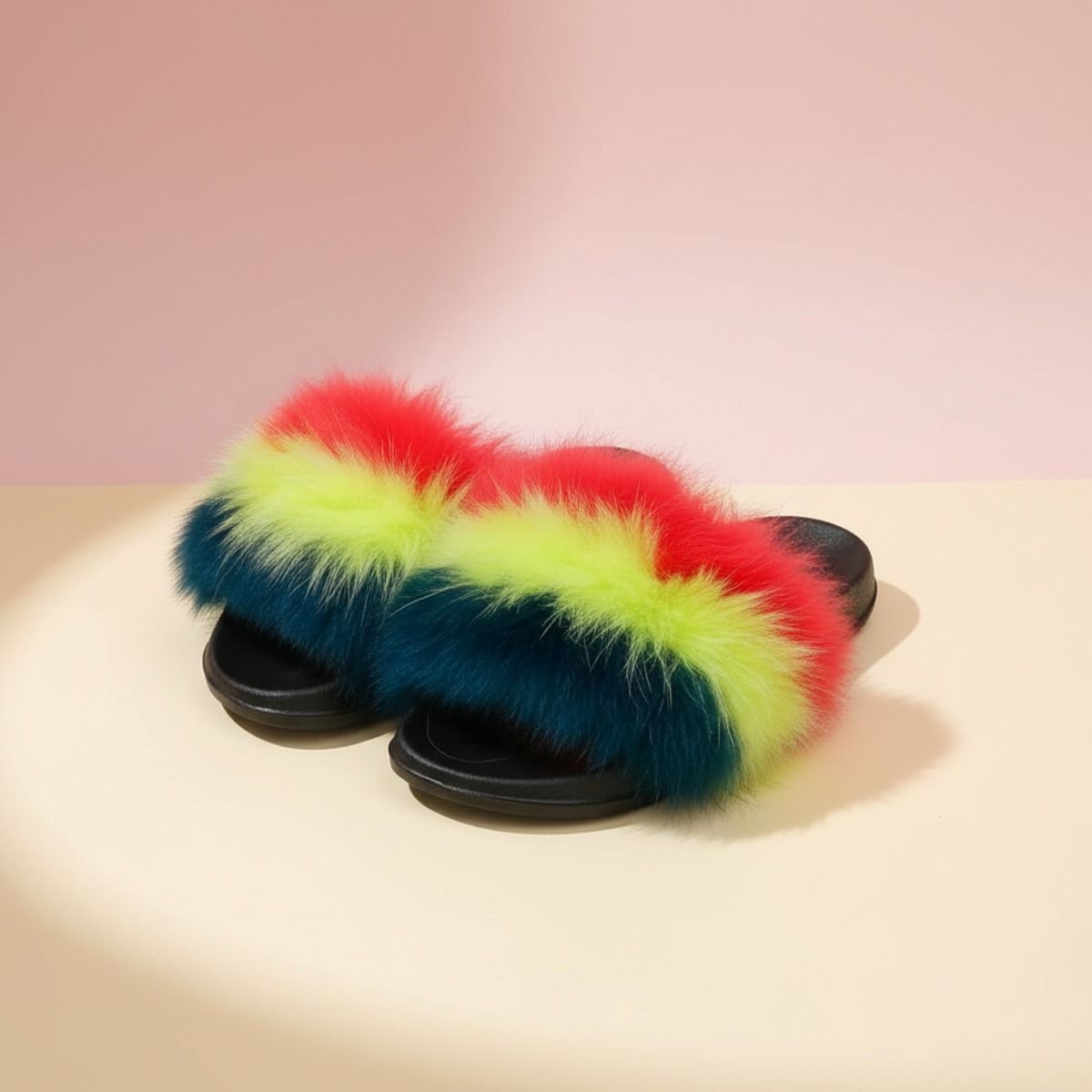 Coral to Green Fox Fur Large Slippers