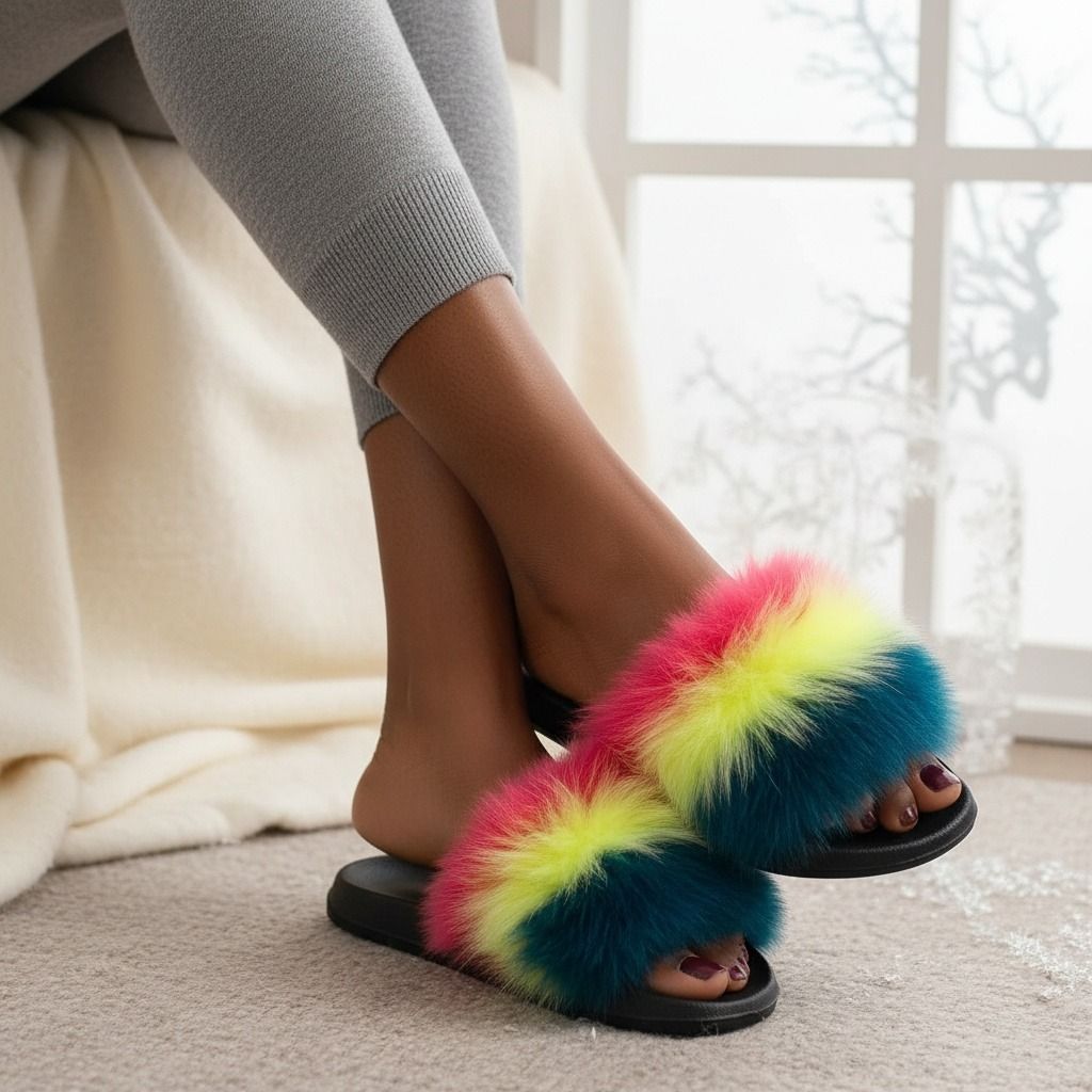Coral to Green Fox Fur Large Slippers