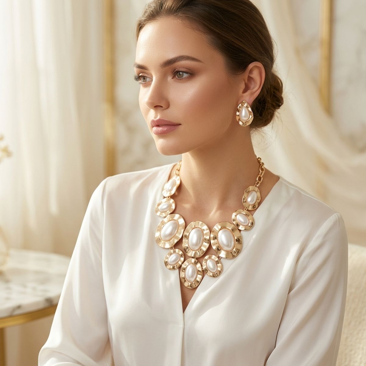 Gold Hammered Oval Pearl Linked Bib Necklace