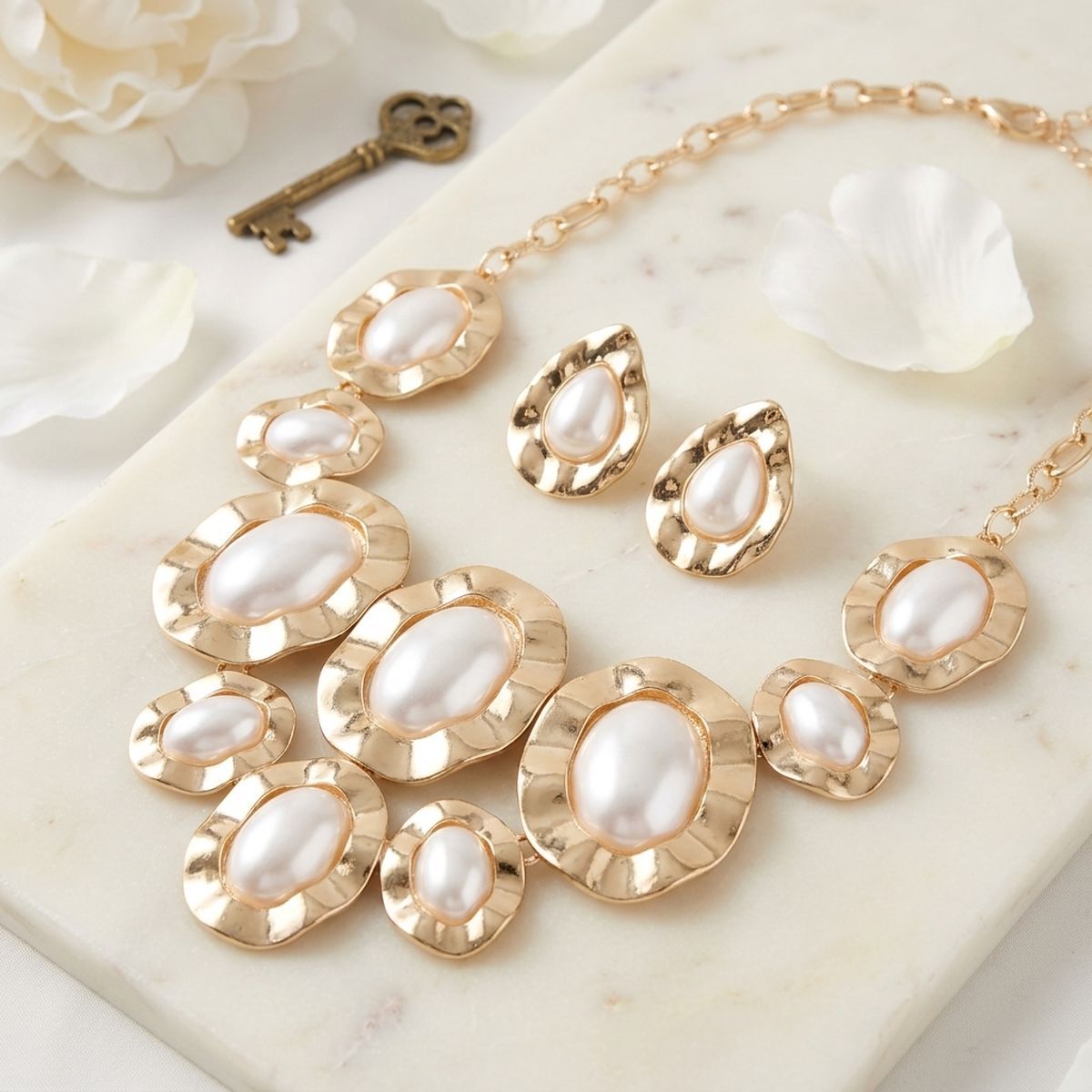 Gold Hammered Oval Pearl Linked Bib Necklace