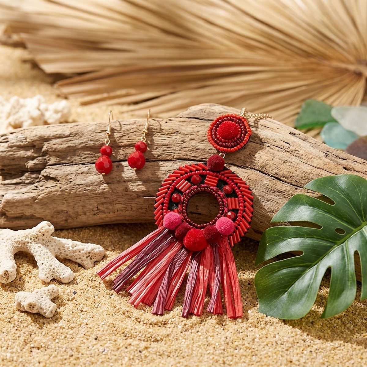 Red Raffia Tassel Pendant Necklace
