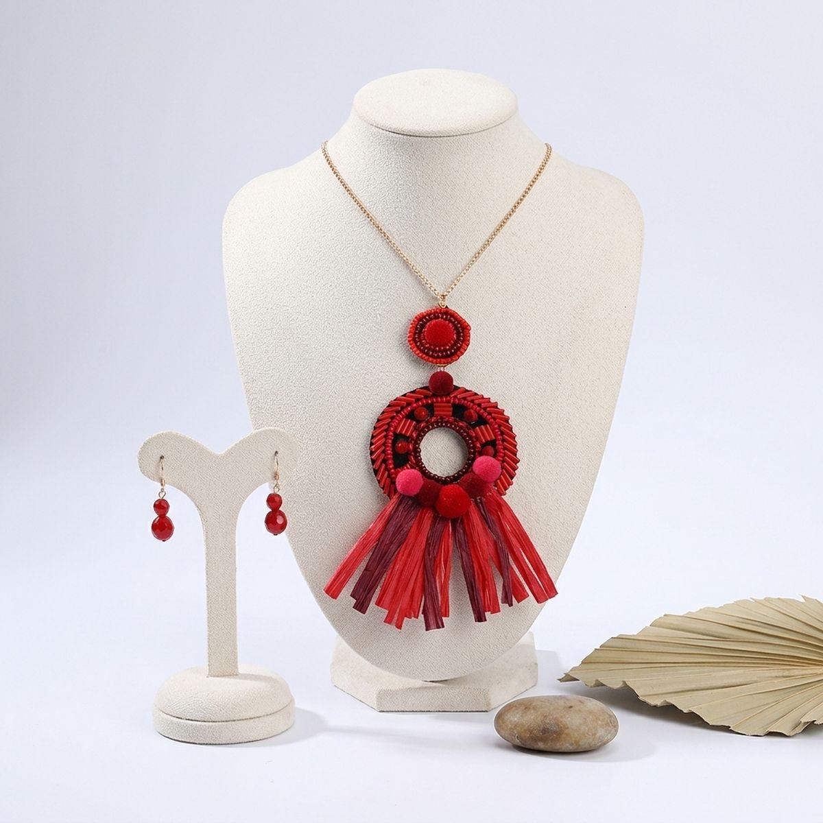 Red Raffia Tassel Pendant Necklace