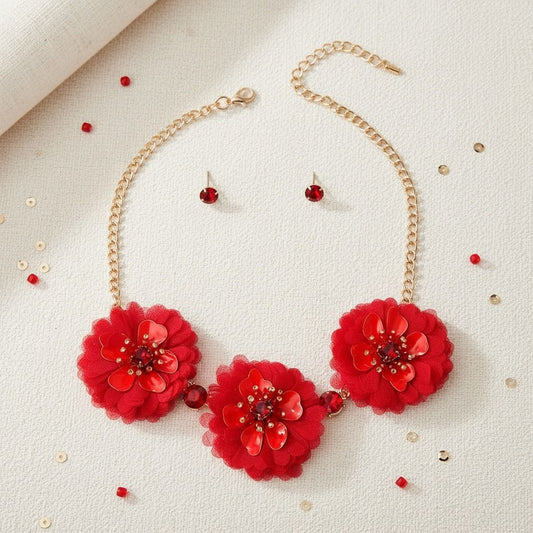 Wine Fabric Flower Necklace Set