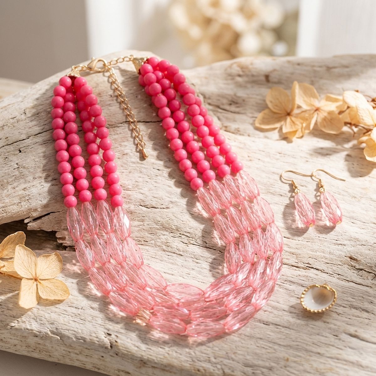 Pink Glass Bead 5 Strand Set