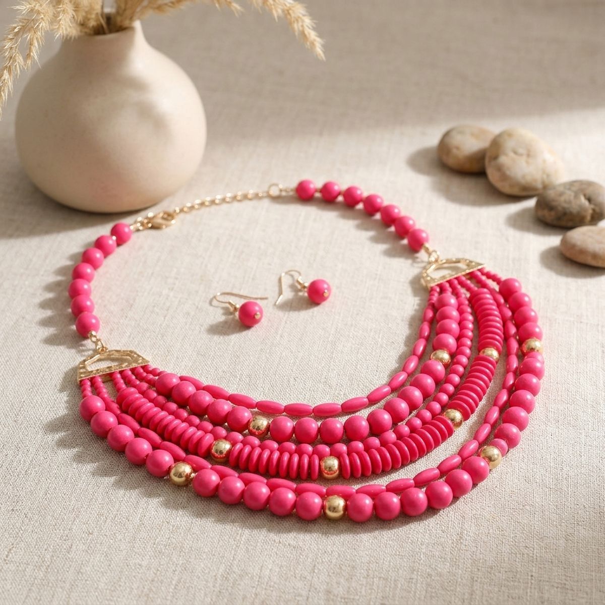 6 Layer Fuchsia Bead Necklace