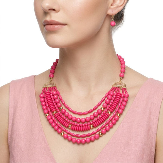 6 Layer Fuchsia Bead Necklace