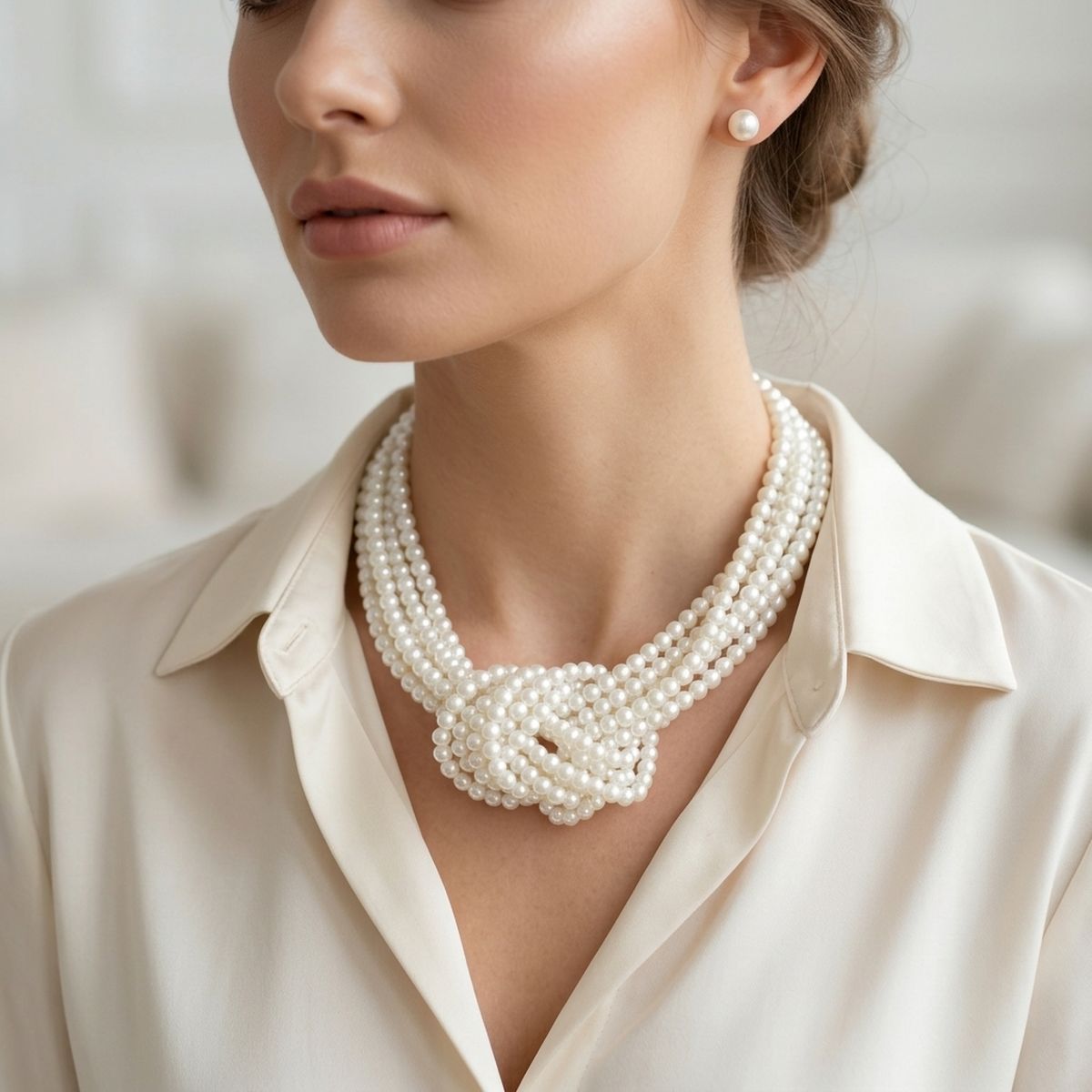 Cream Pearl 9 Strand Knotted Chunky Necklace