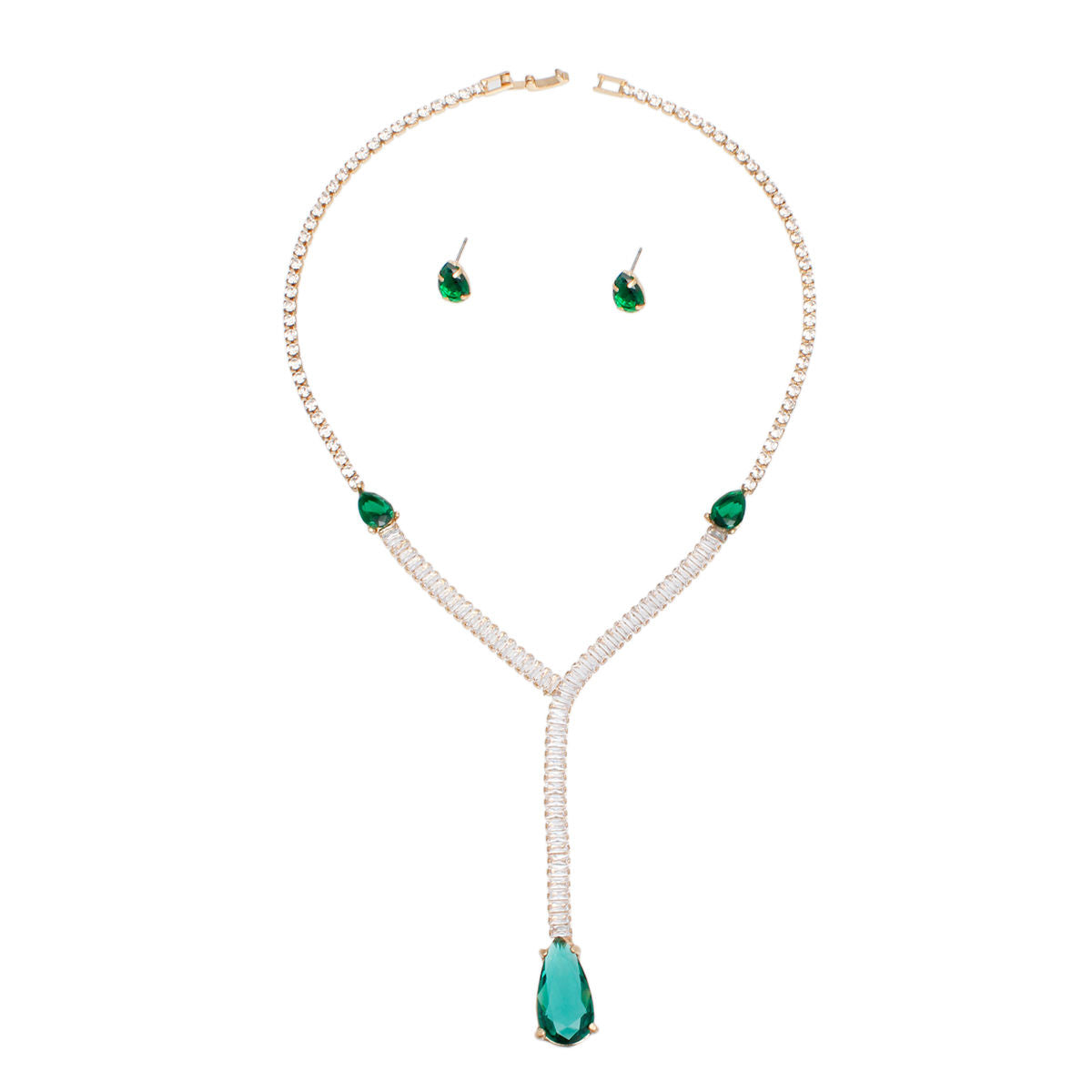 Formal Necklace Green Teardrop Crystal Y Set