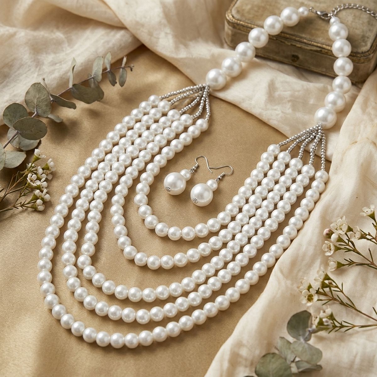 White Pearl Long Layer 6 Strand Chunky Necklace