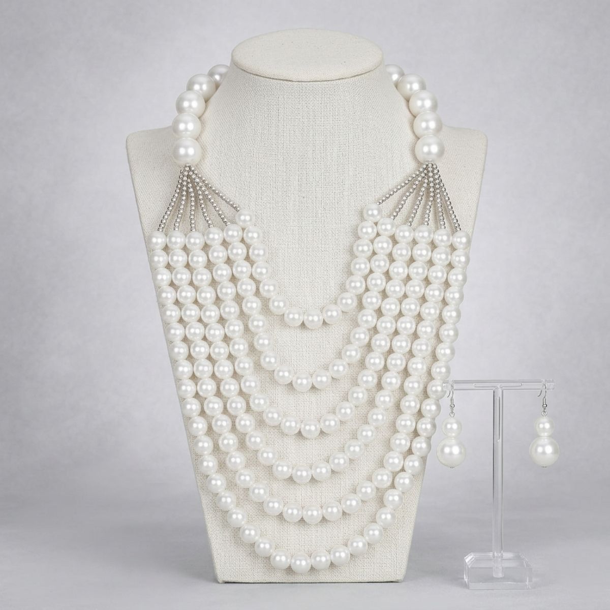 White Pearl Long Layer 6 Strand Chunky Necklace