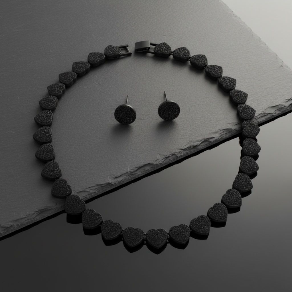 Chain Jet Black Pave Heart Link Necklace Set Women