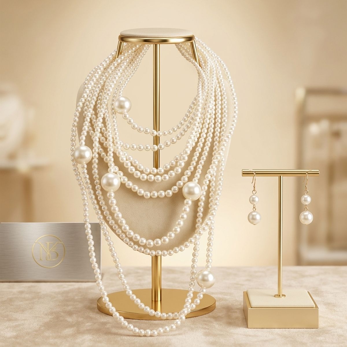 Cream Pearl 9 Strand Long Layer Luminous Necklace
