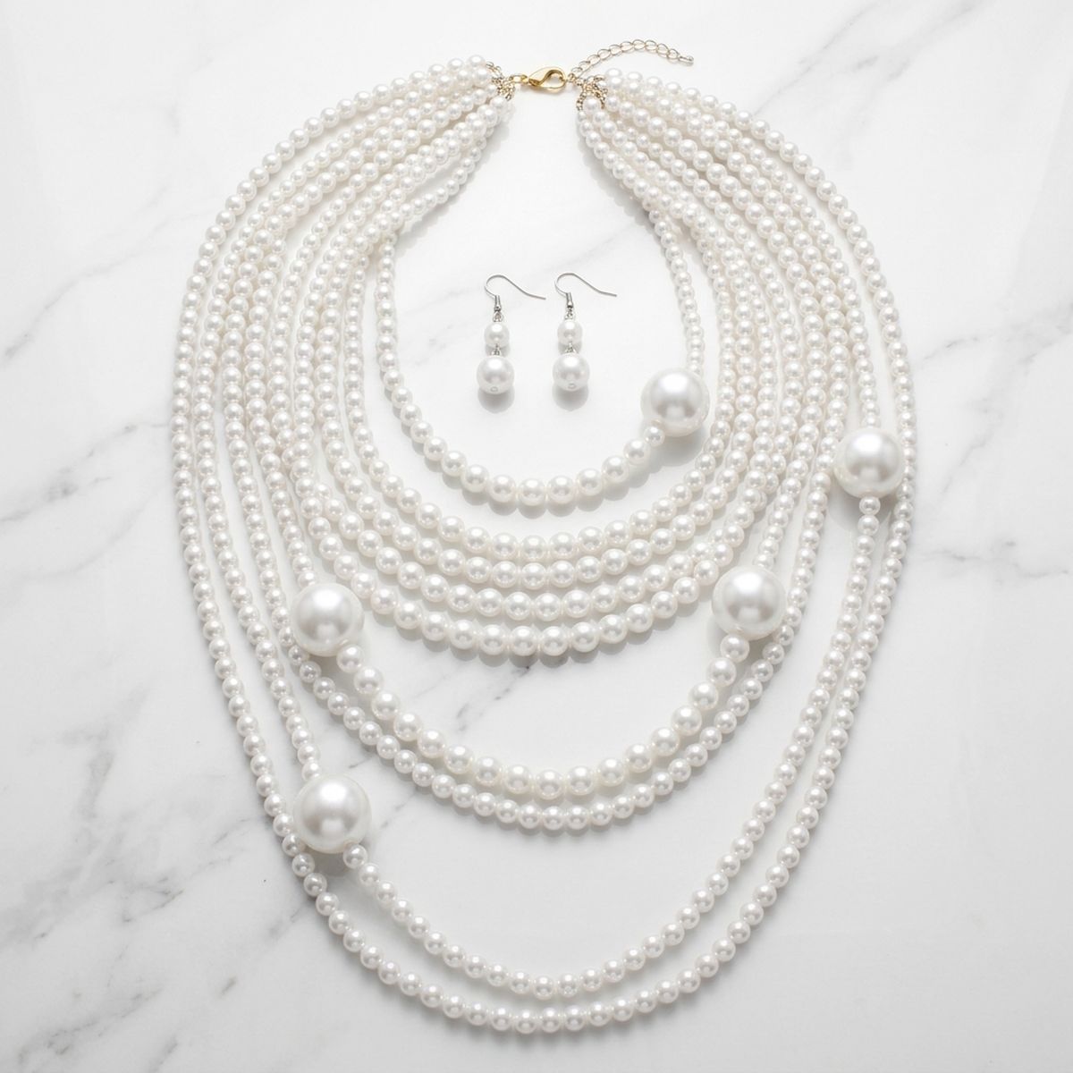 White Pearl 9 Strand Long Layer Luminous Necklace