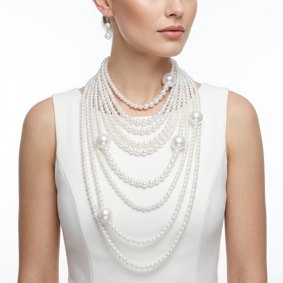 White Pearl 9 Strand Long Layer Luminous Necklace