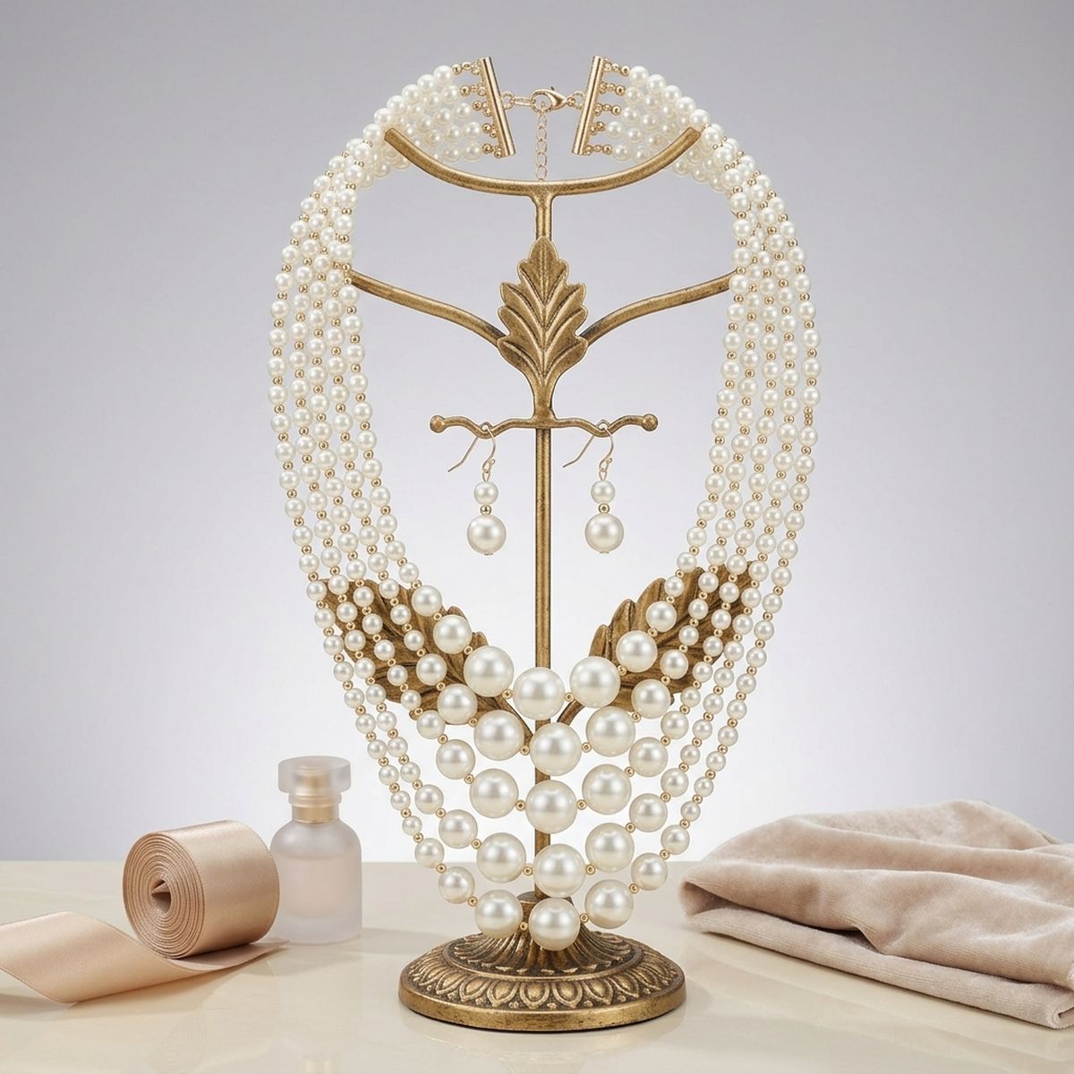 5 Strand Cream Pearl Bib Necklace with Gold Beads