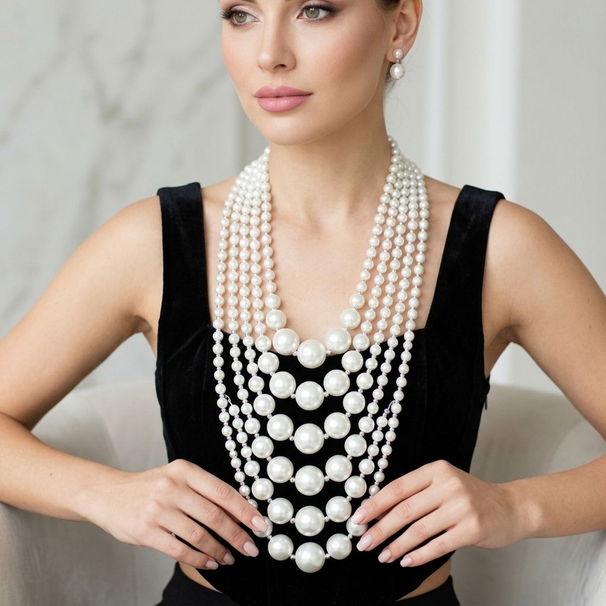 5 Strand White Pearl Bib Necklace with Gold Beads