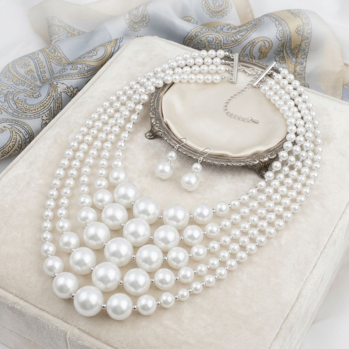 5 Strand White Pearl Bib Necklace with Gold Beads