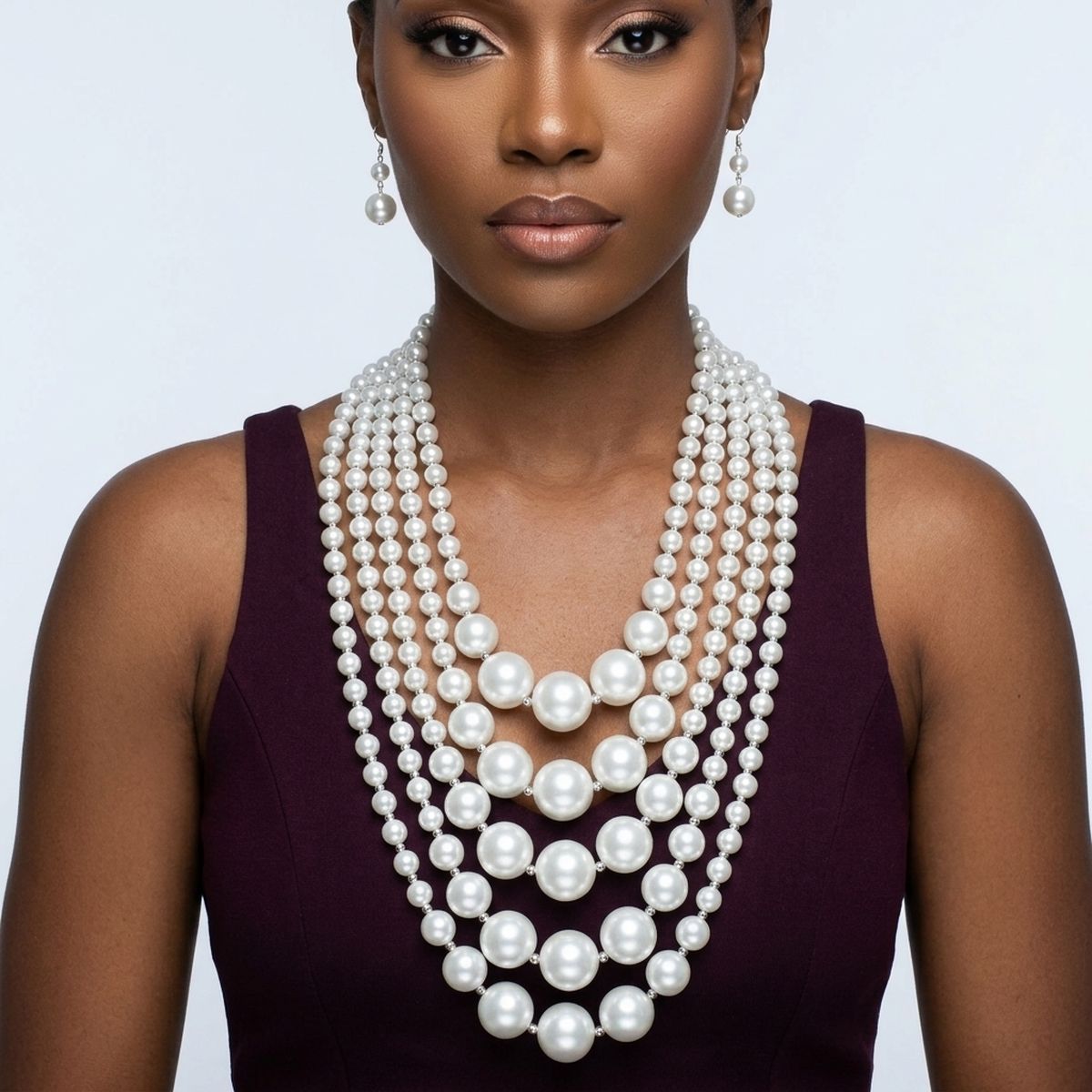 5 Strand White Pearl Bib Necklace with Gold Beads