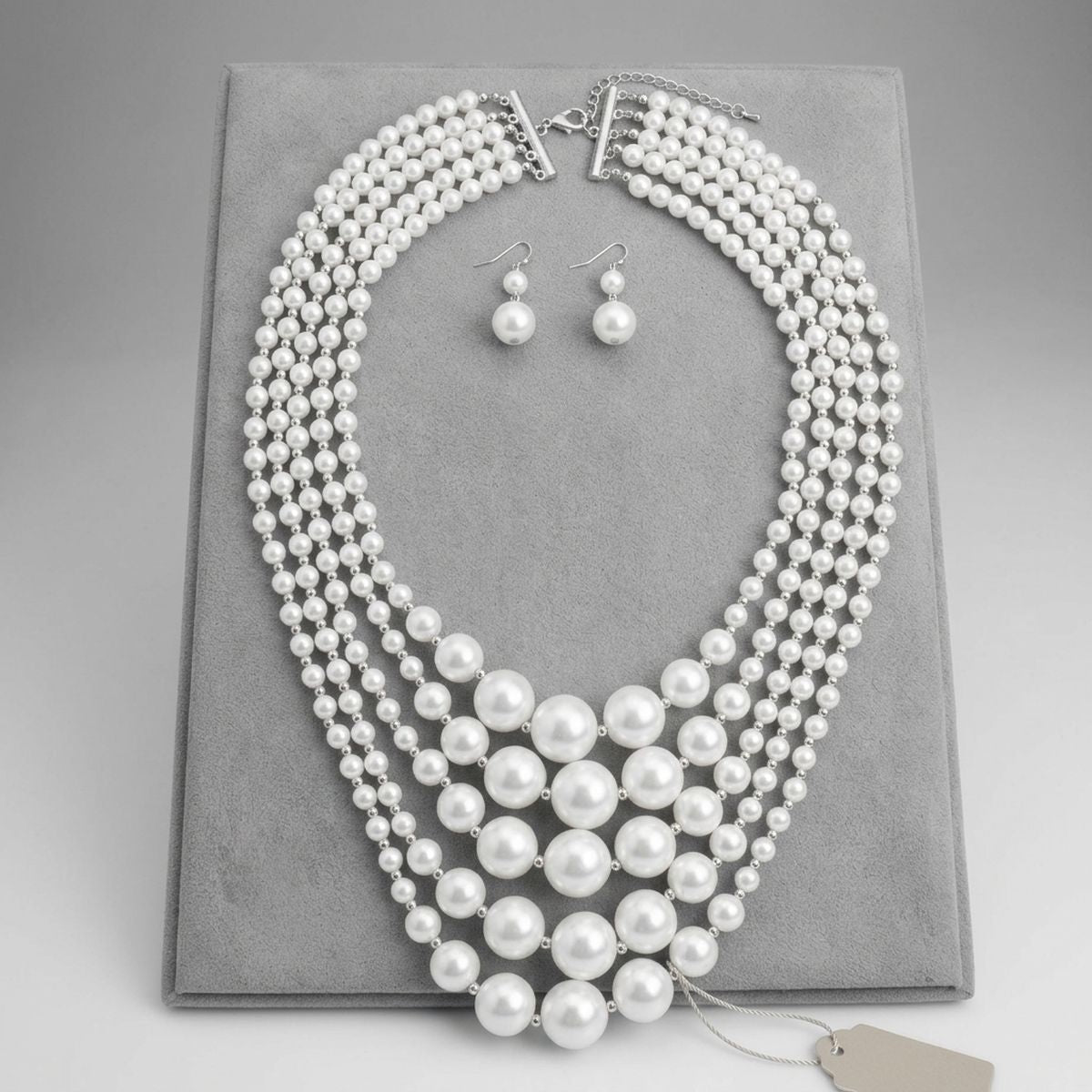 5 Strand White Pearl Bib Necklace with Gold Beads