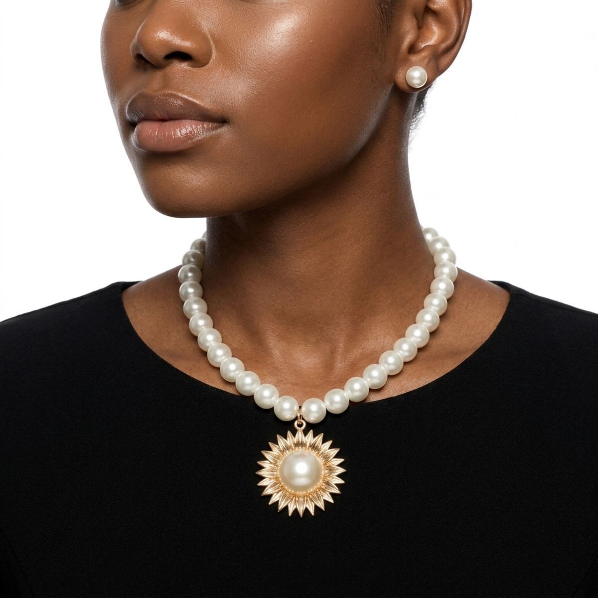 Gold Sunburst Cream Pearl Pendant Necklace