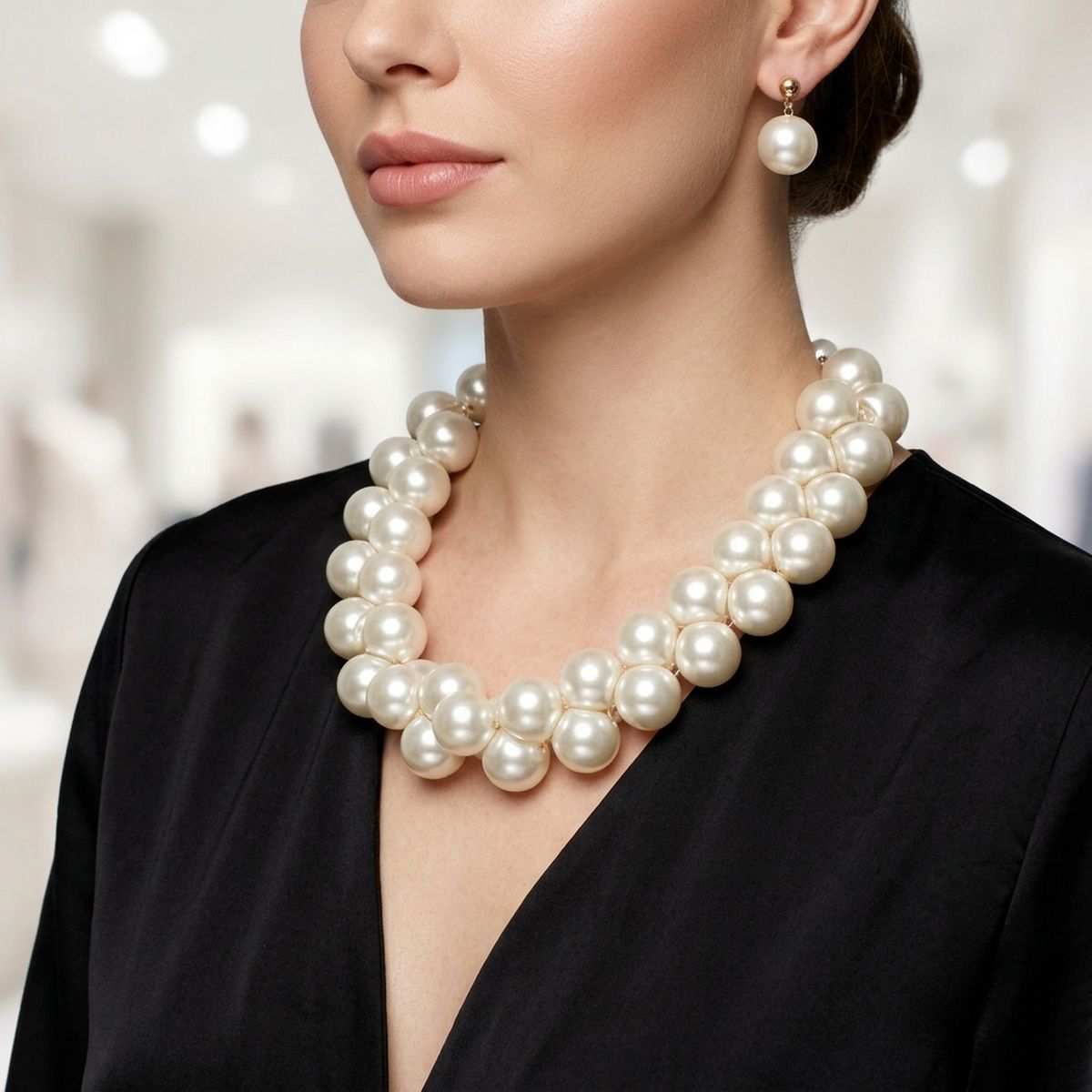 Flat Bottom Woven Cream Pearl Cluster Necklace