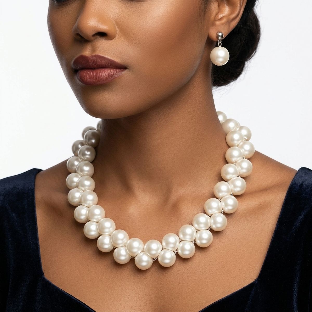 Flat Bottom Woven White Pearl Cluster Necklace