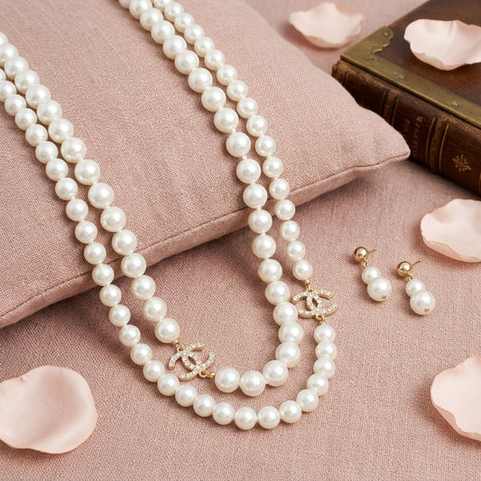 Parisian Long Cream Glass Pearl Charm Layer Set