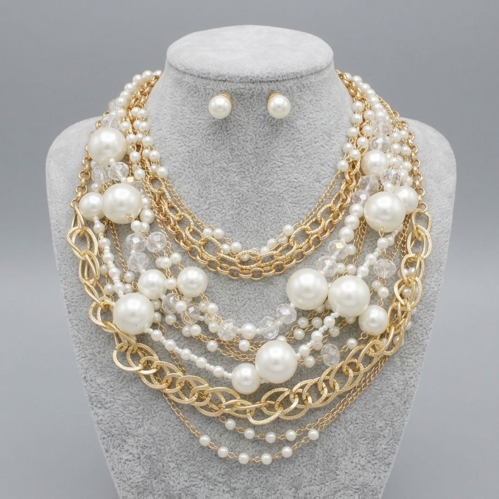 Cream Pearl 13 Strand Layered Gold Chain Necklace