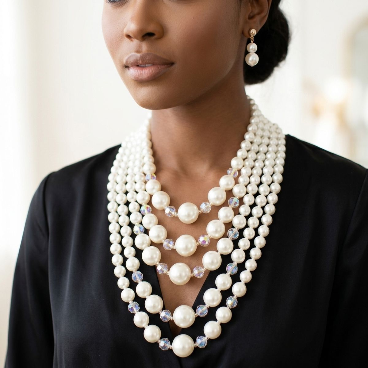 Cream Pearl & Faceted Bead 5 Strand Necklace