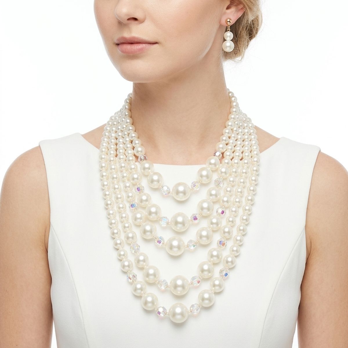Cream Pearl & Faceted Bead 5 Strand Necklace