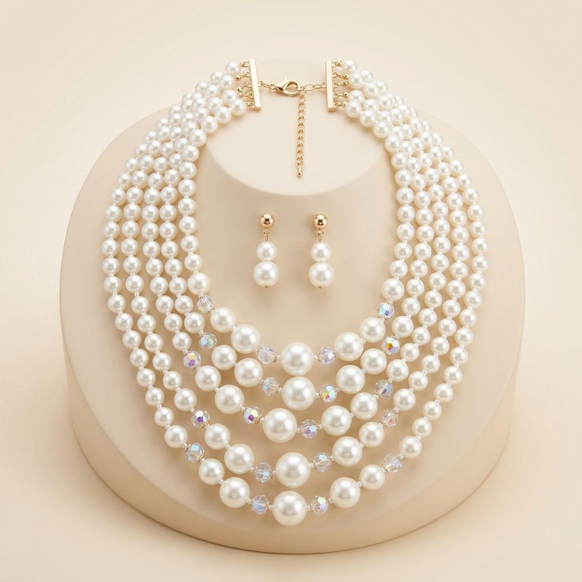 Cream Pearl & Faceted Bead 5 Strand Necklace