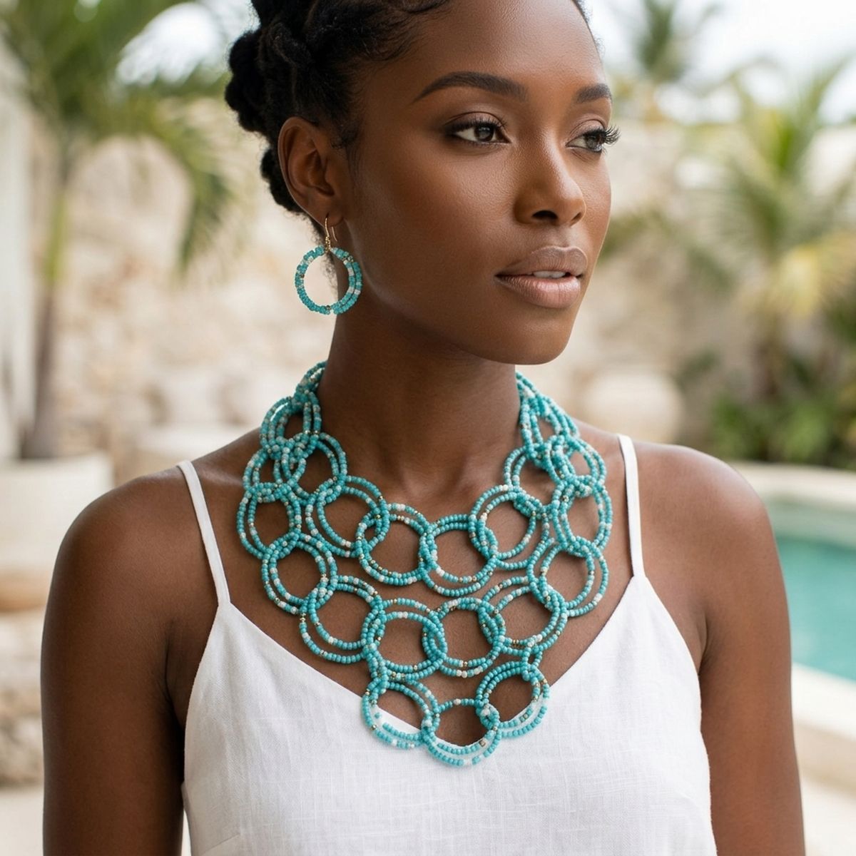 Bib Turquoise Seed Bead Link Triple Layer Necklace