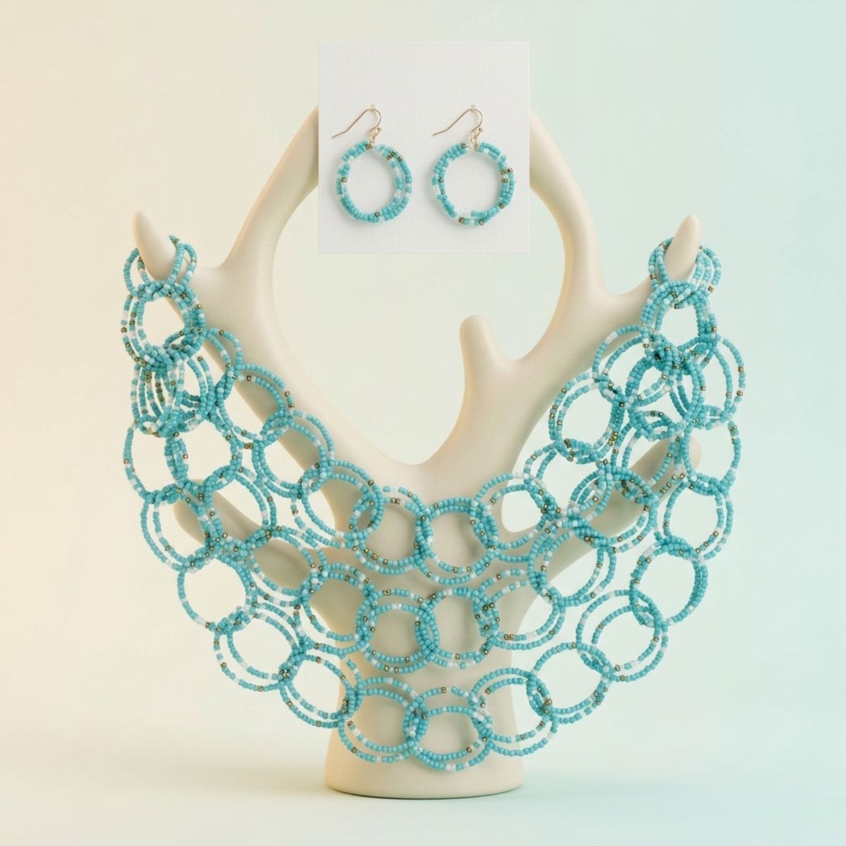 Bib Turquoise Seed Bead Link Triple Layer Necklace