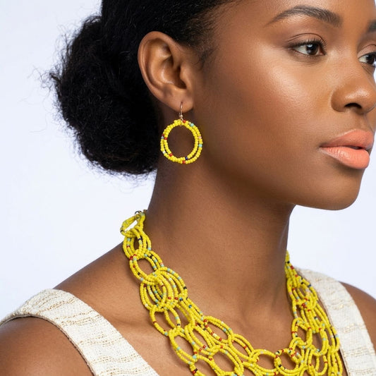 Bib Yellow Seed Bead Links Triple Layer Necklace
