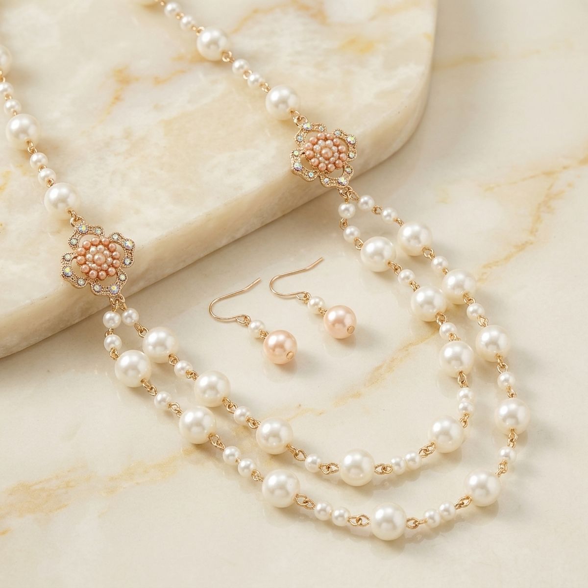 Cream Pearl and Pink Pearl Flower Layered Necklace