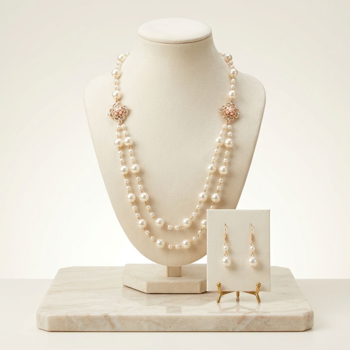 Cream Pearl and Pink Pearl Flower Layered Necklace