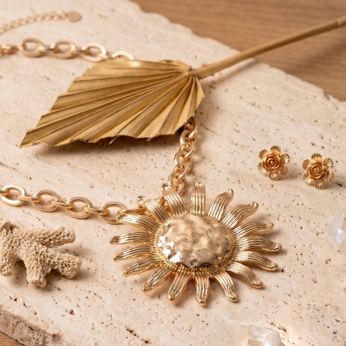 Gold Hammered Sunburst Pendant Chain Necklace