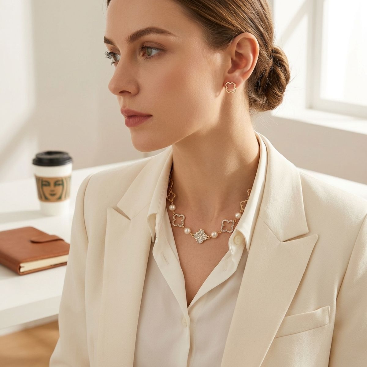 Gold Pave Quatrefoil Clover Cotton Pearl Necklace