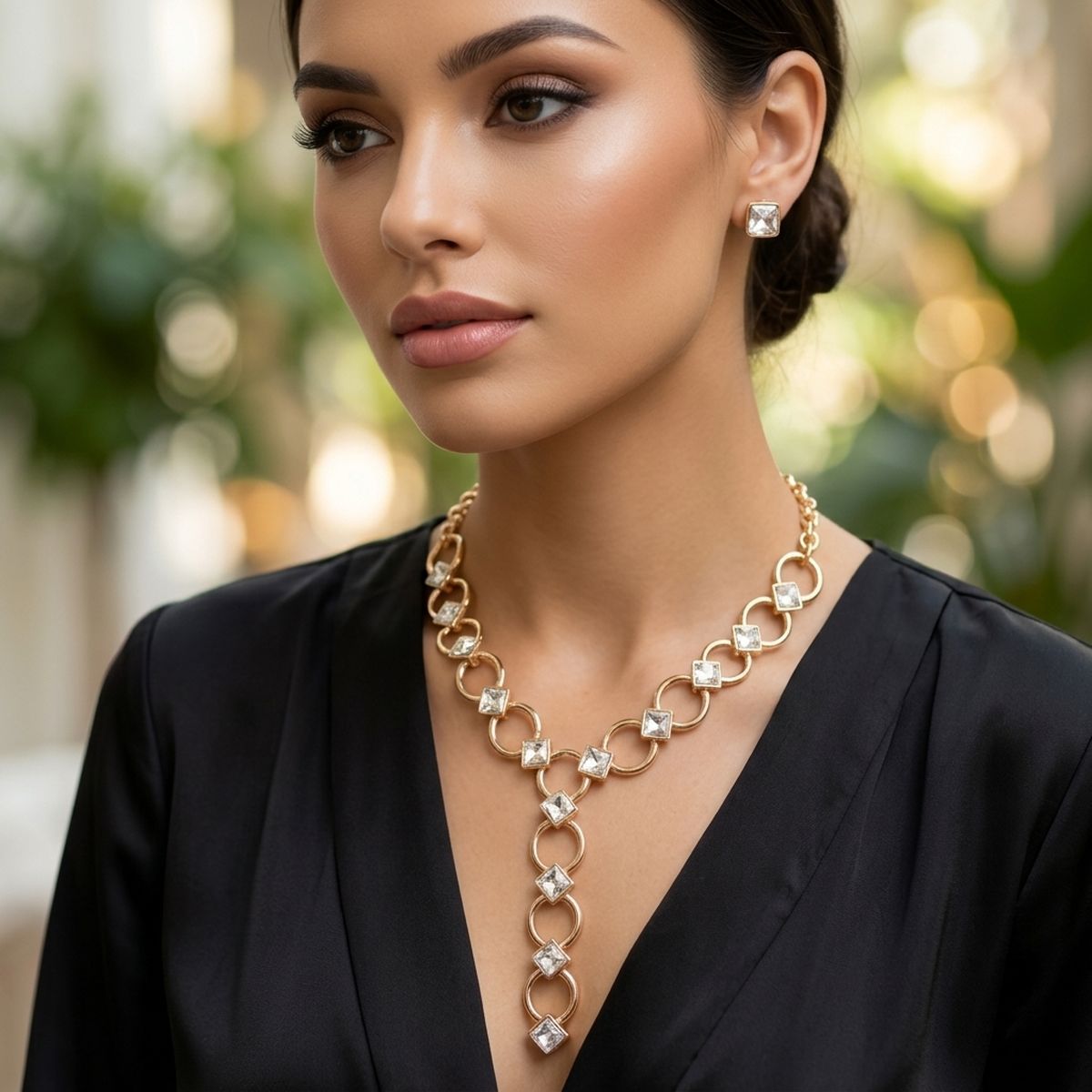 Y Gold Round Link Clear Glass Pyramid Necklace